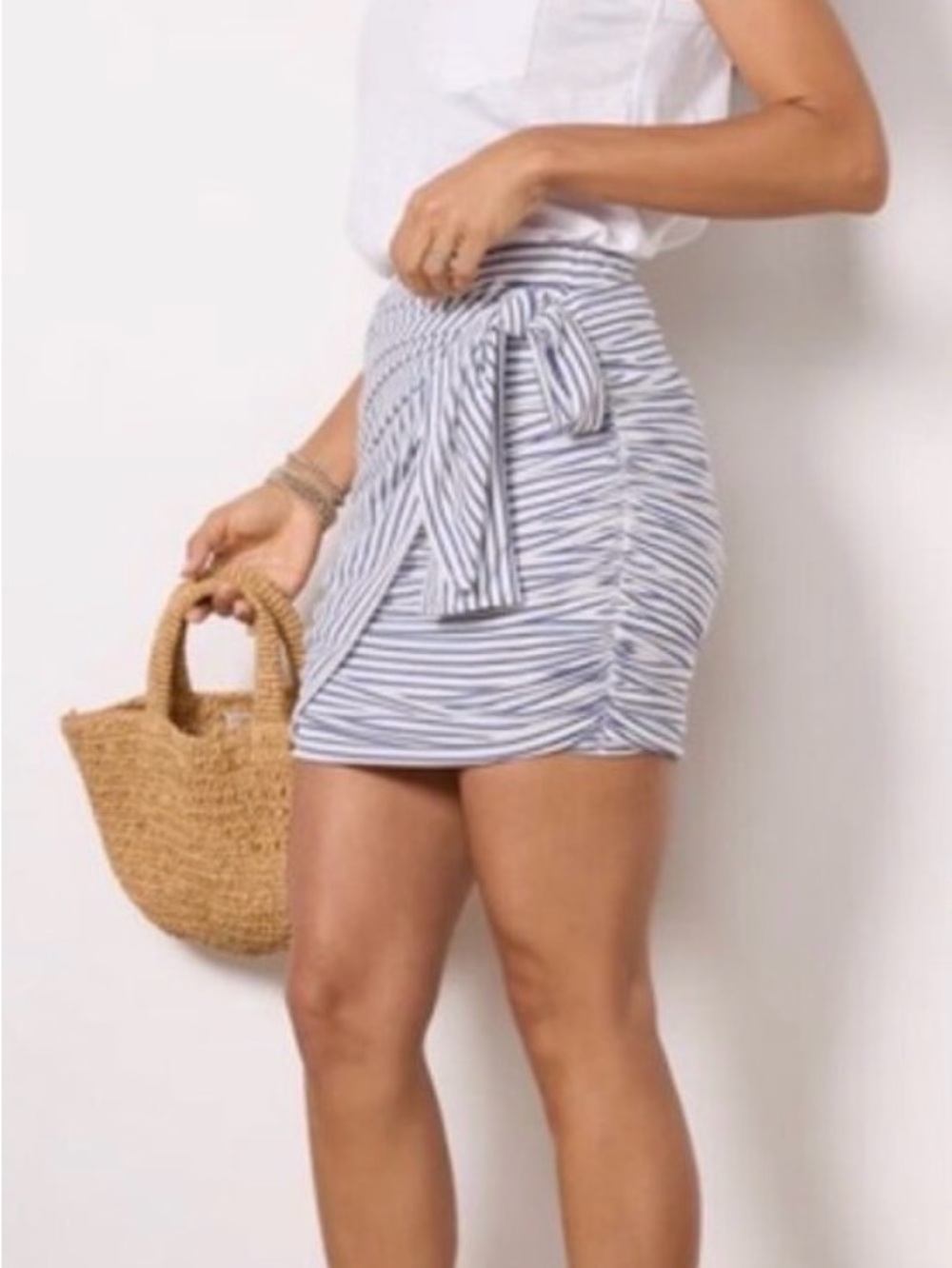 Sundry Striped Tie-Waist Mini Skirt in White and Blue